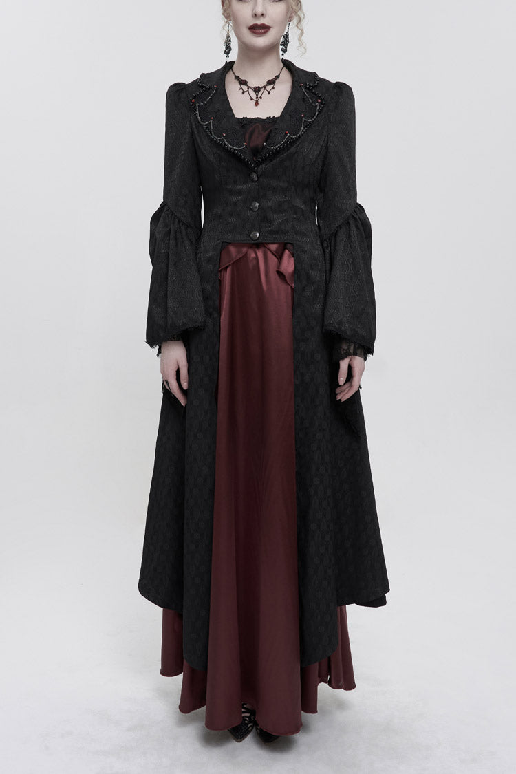 Black Jacquard Short Front Long Back Lapel Bead And Chain Trim Large Cuffs With Lace Trim Back Strap Thin Long Women's Gothic Coat - Black - 1