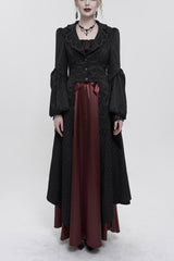 Black Jacquard Short Front Long Back Lapel Bead And Chain Trim Large Cuffs With Lace Trim Back Strap Thin Long Women's Gothic Coat - Black - 1
