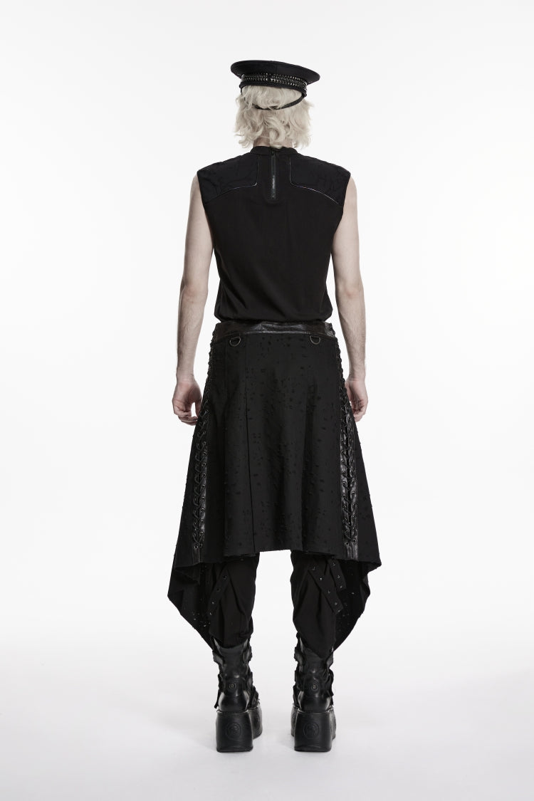 Black Lace-Up Irregular Ripped Men's Punk Skirt - Product - 4