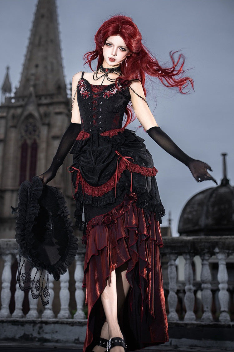 Black/Red [Rotten Bone Flower] Sleeveless Ruffled Embroidered Lace-Up Gothic Lolita Skirt Dress Set - Product - 2