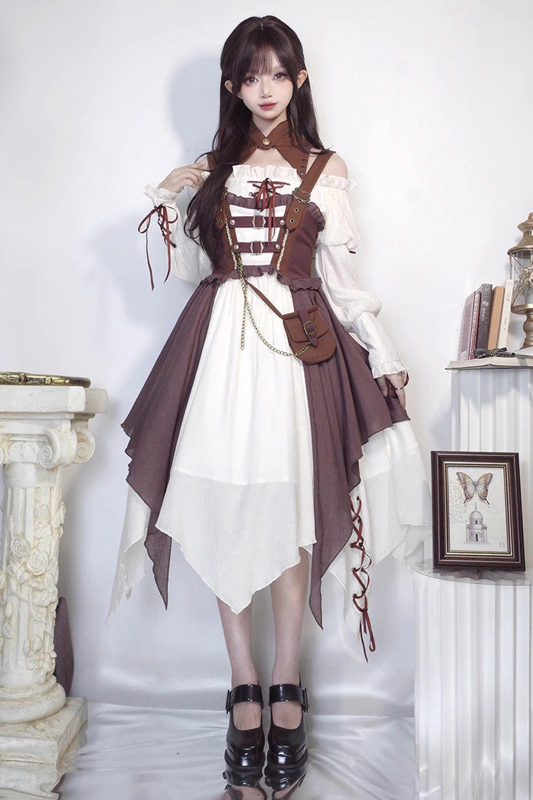 White/Brown Pirate's Guide Irregular Punk Lolita Jsk Dress - Product - 4