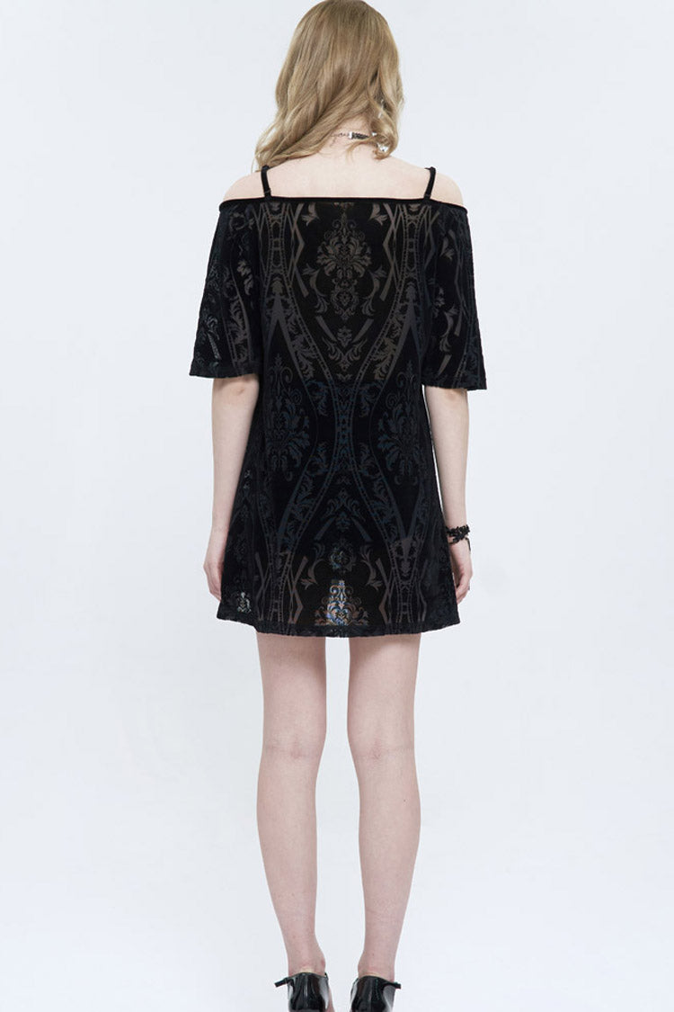 Black Print Front Long Back Side Slit Off The Shoulder Women's Punk Dress - Product - 9