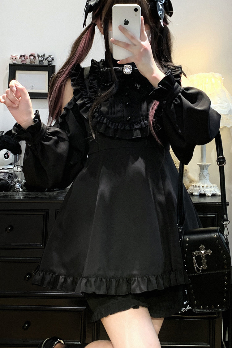 Black [Rose Princess] Off Shoulder Long Sleeves Ruffle Bowknot Gothic Jirai Kei Dress - Product - 7