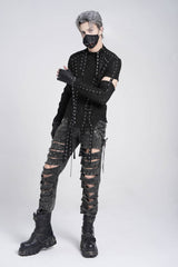 Black Ripped Rivet Men's Punk Pants with Chain - Product - 9