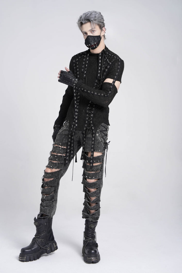 Black Ripped Rivet Men's Punk Pants with Chain - Product - 9