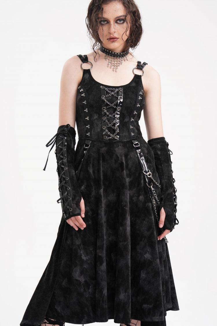Black Chains Rings Lace-Up Women's Gothic Slip Dress with Gloves - Black - 1