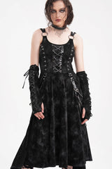 Black Chains Rings Lace-Up Women's Gothic Slip Dress with Gloves - Black - 1