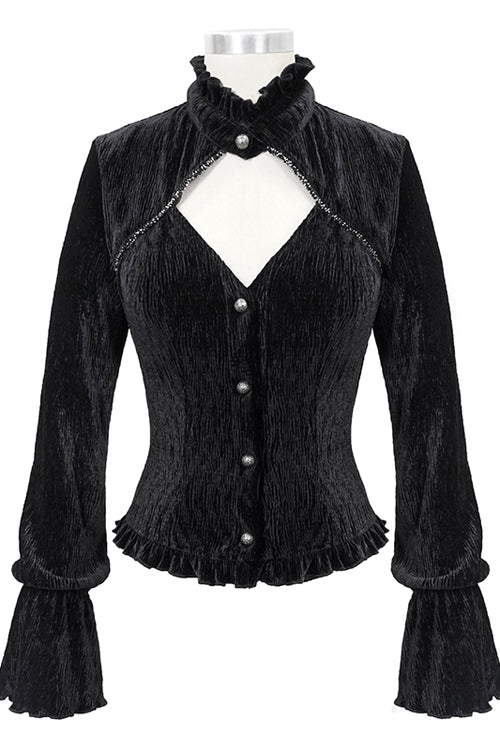 Black Velvet Lantern Sleeves Swallowtail Womens Gothic Blouse - Product - 4