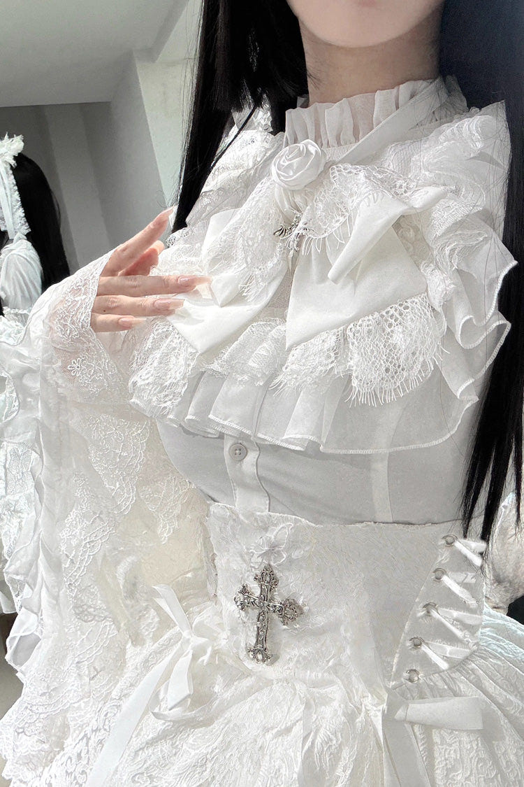 White [Eternal Taboo] Long Hime Sleeves Ruffled Bow Gothic Lolita Skirt Dress Set - Product - 9