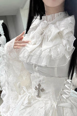 White [Eternal Taboo] Long Hime Sleeves Ruffled Bow Gothic Lolita Skirt Dress Set - Product - 9