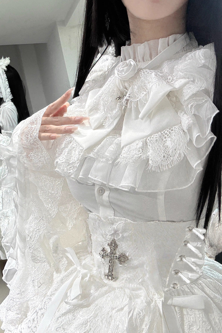 White [Eternal Taboo] Long Hime Sleeves Ruffled Bow Gothic Lolita Skirt Dress Set - Product - 9