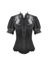 Black Stand Collar Short Puff Sleeves Sheer Lace Lace-Up Women's Gothic Blouse with Detachable Bowknot - Product - 3