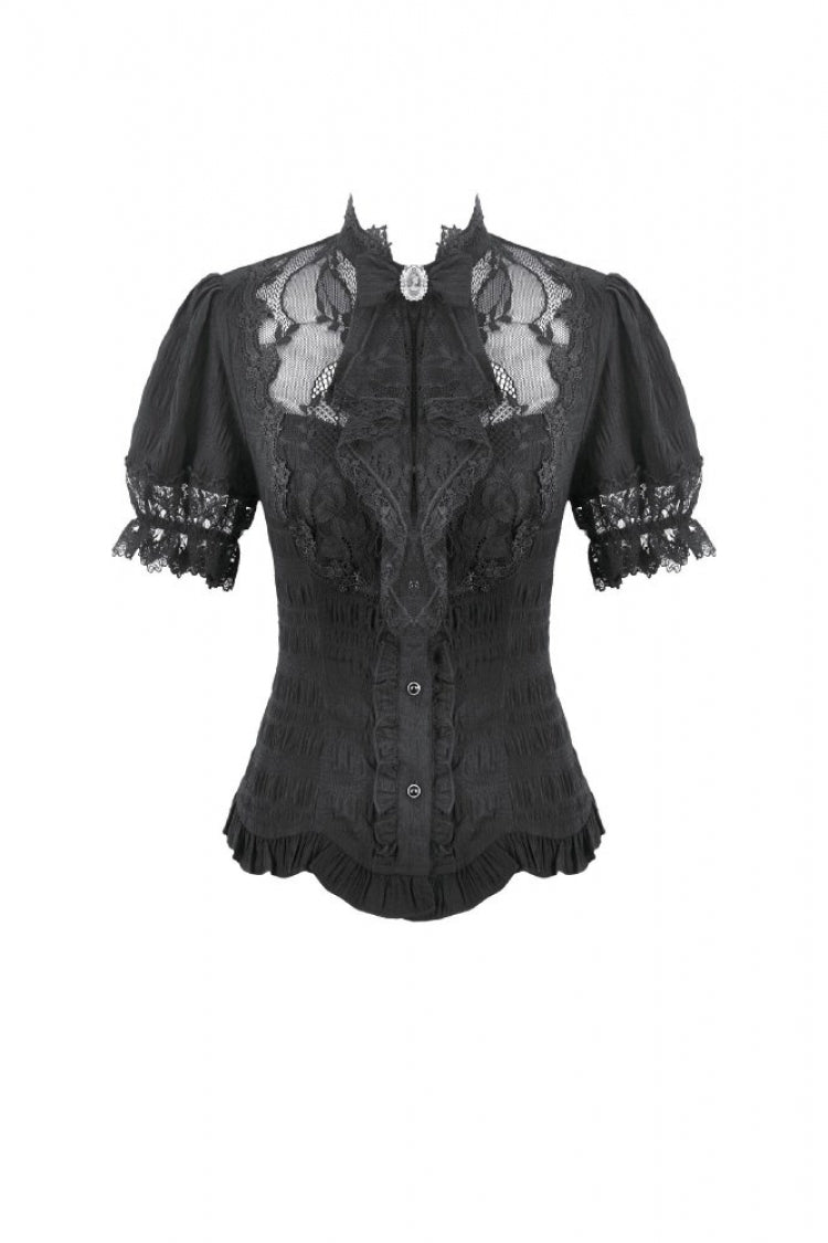Black Stand Collar Short Puff Sleeves Sheer Lace Lace-Up Women's Gothic Blouse with Detachable Bowknot - Product - 3