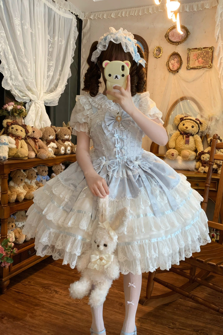 Blue [Snow Kissed Romance] Sleeveless High Waisted Multi-Layered Bowknot Lace Pearl Sweet Ballet Lolita Jsk Dress - Blue - 1