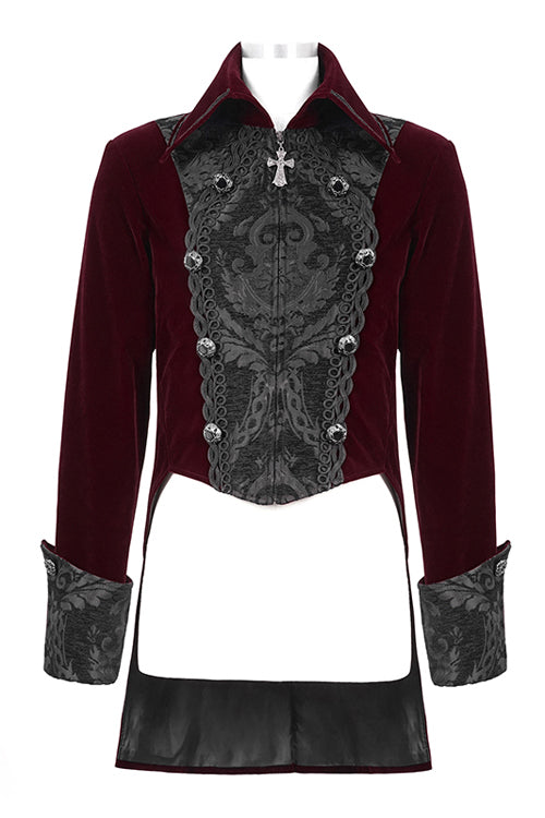 Red Court Pattern Lapel Collar Velvet Mens Gothic Coat - Product - 4