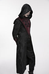 Black/Red Long Sleeves Jacquard Embroidered Spliced Lace Hooded Color-Blocked Men's Punk Cool Coat - Product - 7