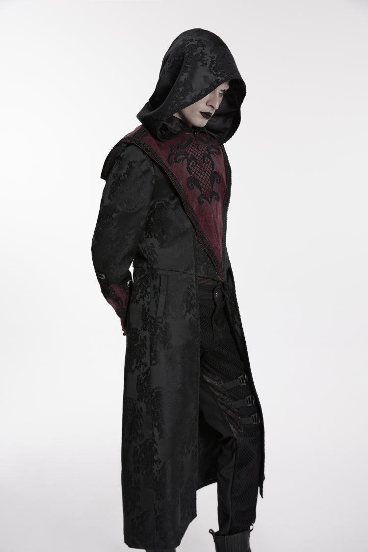 Black/Red Long Sleeves Jacquard Embroidered Spliced Lace Hooded Color-Blocked Men's Punk Cool Coat - Product - 7
