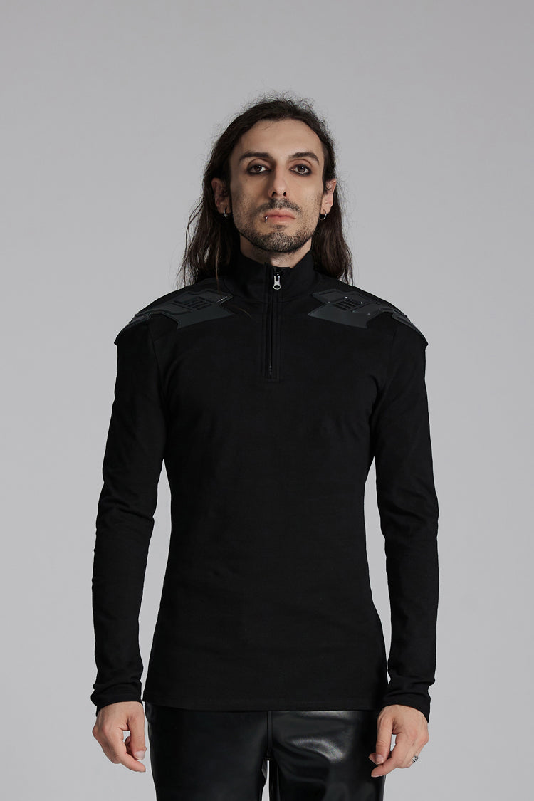 Black Stand Collar Long Sleeves Zip 3D Patch Print Men's Punk T-Shirt - Black - 1