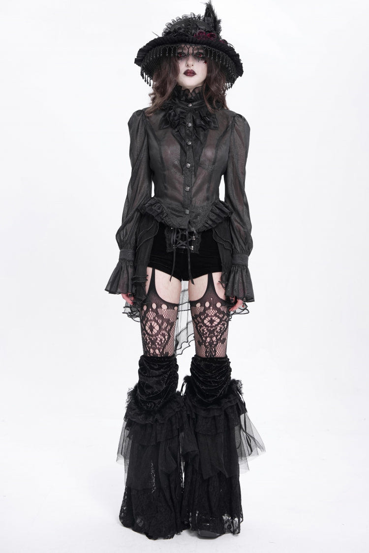 Black Stand Collar Ruffle Sheer Women's Swallow-tailed Gothic Blouse - Product - 5