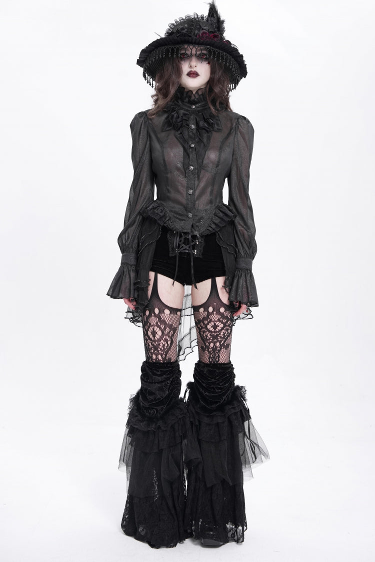 Black Stand Collar Ruffle Sheer Women's Swallow-tailed Gothic Blouse - Product - 5