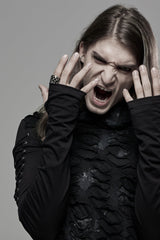 Black Long Sleeves Lace-Up Hooded Ripped Pleated Men's Gothic Cool T-Shirt - Product - 11