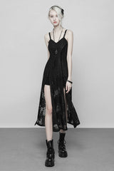 Black Lace Women's Bandage Strap Gothic Vintage Long Dress - Black - 1