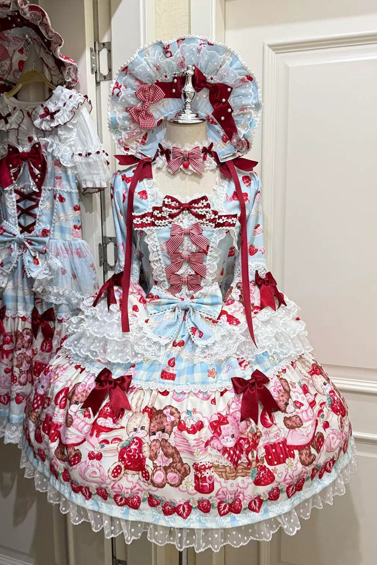 Blue/Red [Sweet Berry Bunny Bear] Half Sleeves Printed Bow Lace Lace-Up Sweet Lolita OP Dress - Blue/Pink - 1
