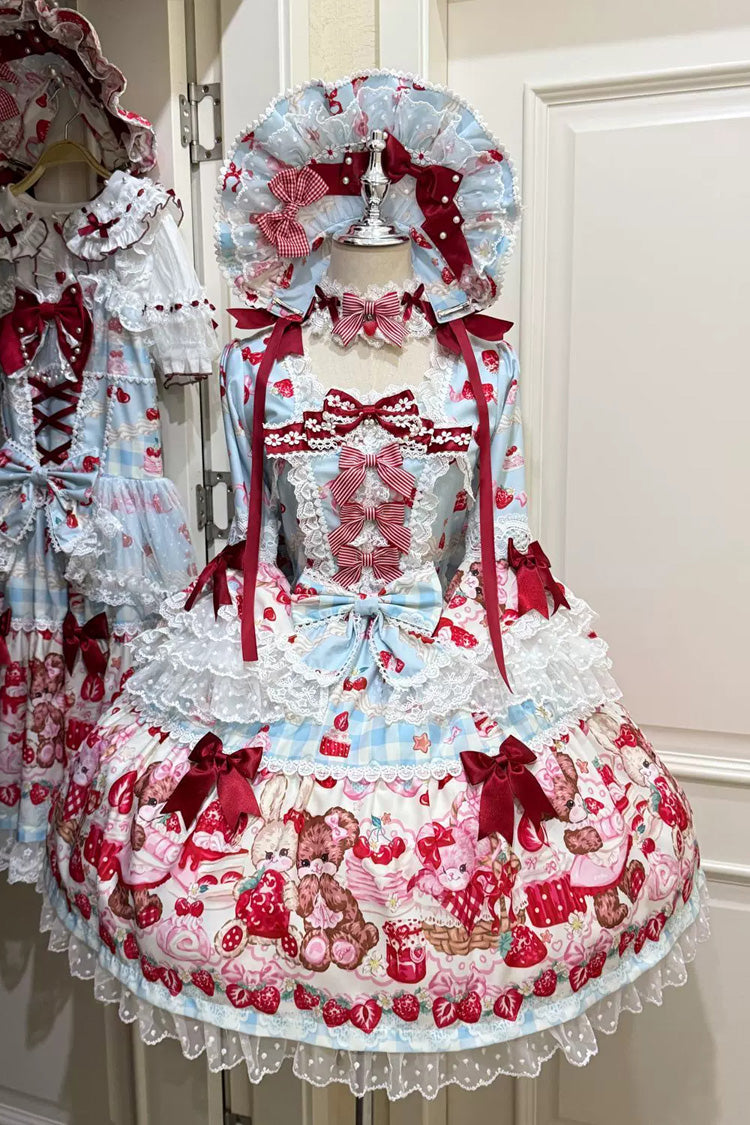 Blue/Red [Sweet Berry Bunny Bear] Half Sleeves Printed Bow Lace Lace-Up Sweet Lolita OP Dress - Blue/Pink - 1