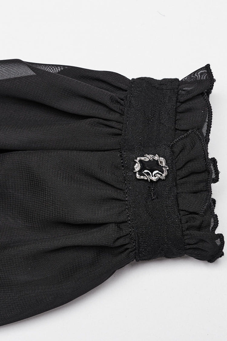 Black V Collar Long Puff Sleeves Embroidery Mesh Women's Gothic Blouse - Product - 6