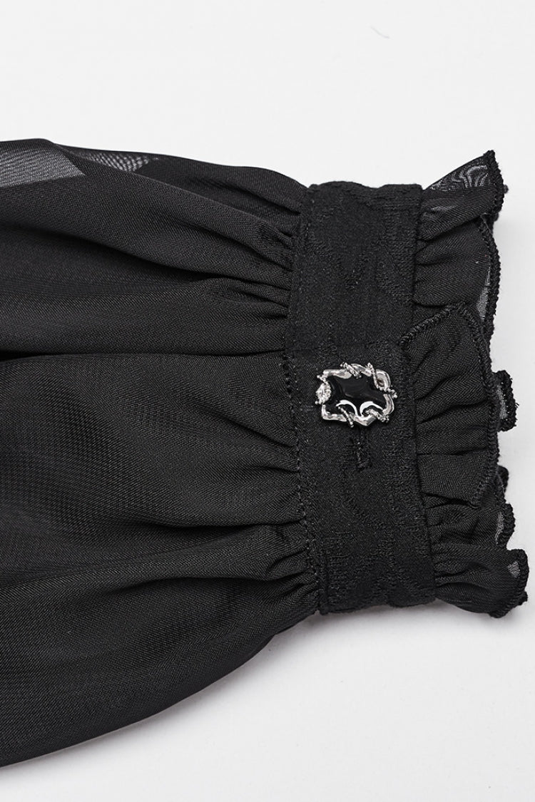 Black V Collar Long Puff Sleeves Embroidery Mesh Women's Gothic Blouse - Product - 6
