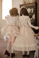 Apricot [Lollipop] Cotton Round Collar Long Lantern Sleeves Polka Dot Printed Ruffled Bow Lace Sweet Elegant Lolita Dress 2 Versions - Product - 11