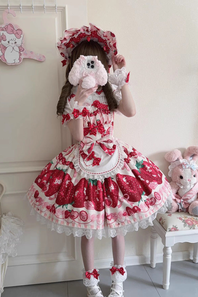 [Dream to Strawberry] Print Ruffle Bowknot Lace Sweet Lolita Jsk Dress 4 Colors - Product - 6