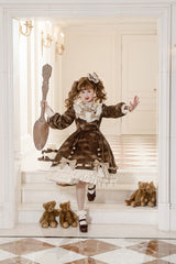 Brown [Chocolate Cat] Print Long Sleeves Ruffle Bowknot Sweet Lolita Dress - Product - 10