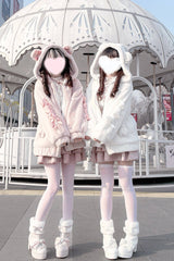 [Sleepy Bear Fluffy] Bear Ears Long Sleeves Bow Lace-Up Hooded Zippered Sweet Jirai Kei Japanese Coat - Product - 17