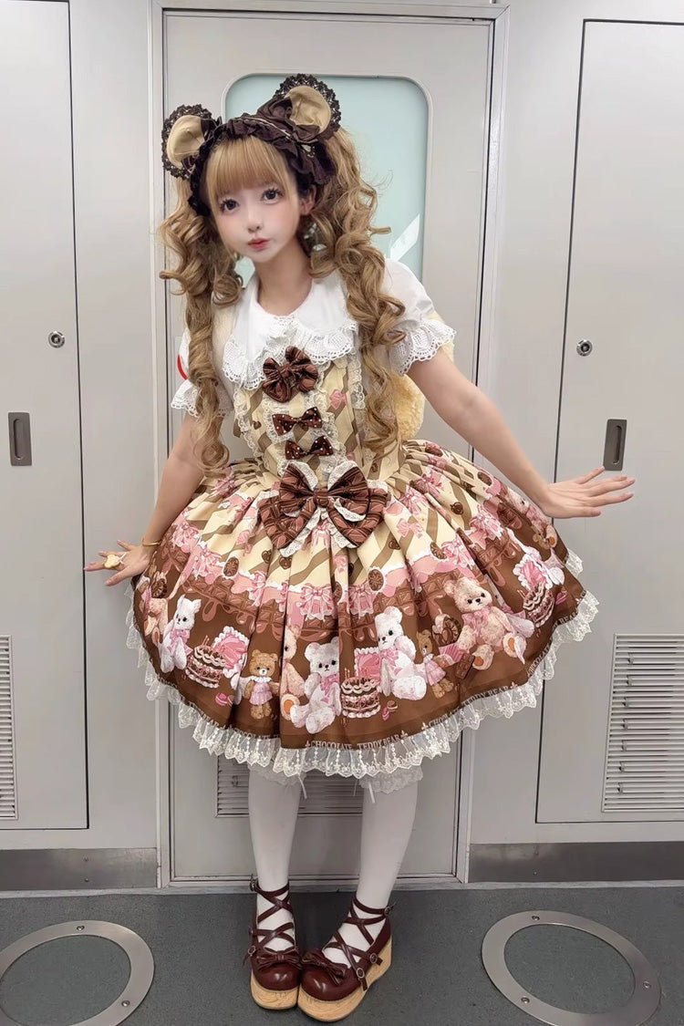 [Chocolate Brownie] Sleeveless Printed Ruffled Bow Lace Sweet Lolita Strap Dress 2 Colors - Product - 7