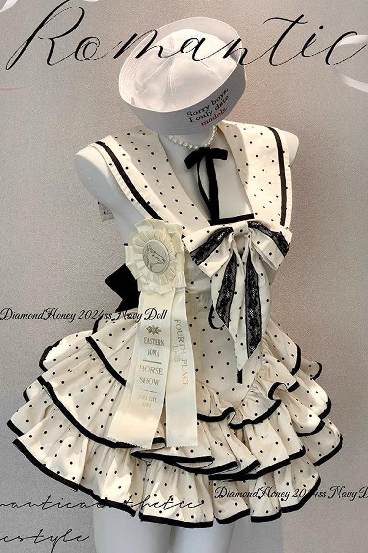 Apricot Multi-layer Polka Dots Print Navy Doll Ruffle Bowknot Sweet Lolita Tiered Dress - Product - 12