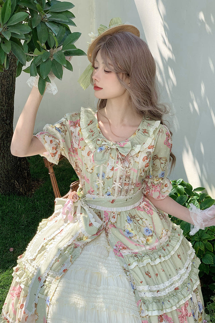 Green [Cat Rose Tea] Short Sleeves Print Ruffle Cardigan Bowknot Sweet Gorgeous Lolita Dress - Product - 13