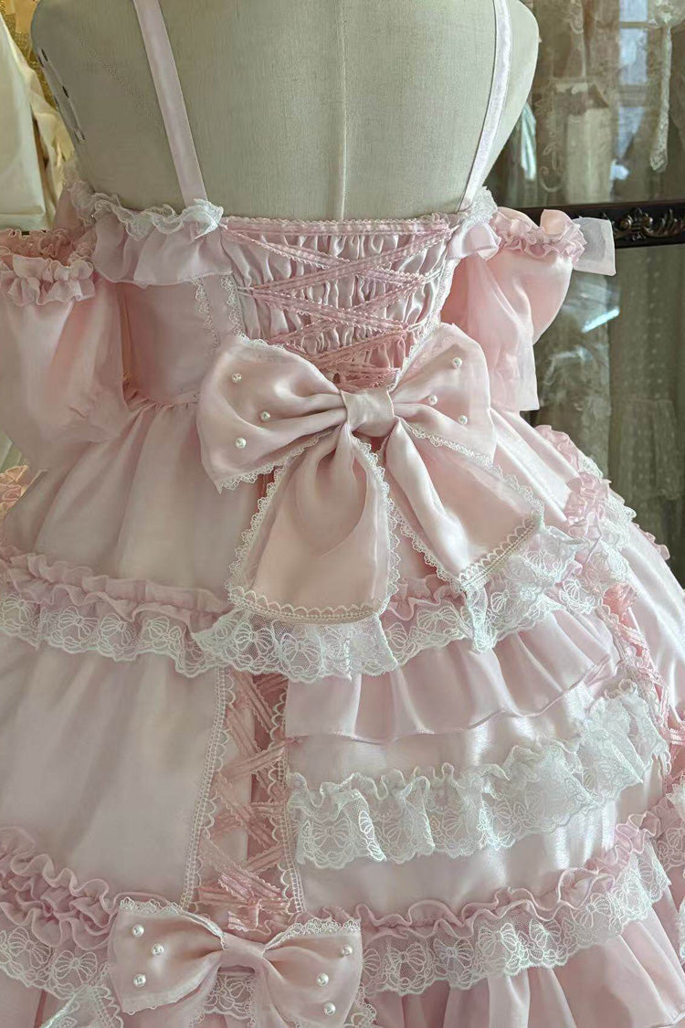Pink [Spring Cherry Snowfall] Off Shoulder Short Sleeves Multi-Layered Ruffled Bow Sweet Lolita Jsk Dress - Product - 3
