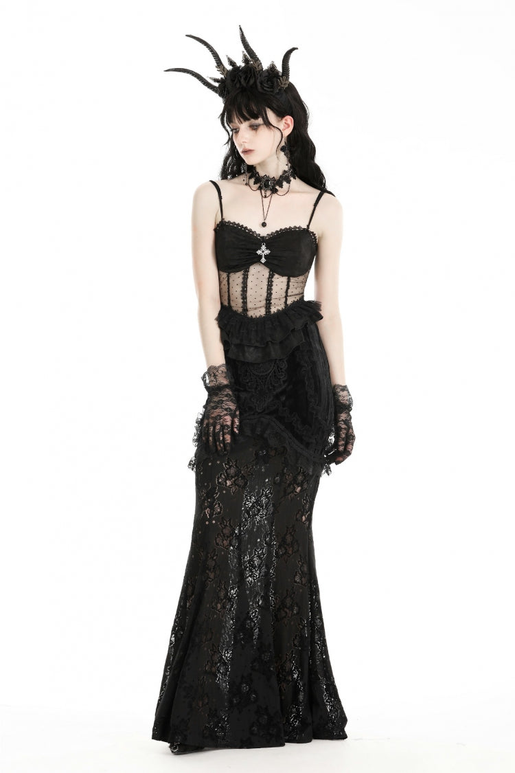 Black Spaghetti Straps Sheer Double-Layered Ruffled Lace Women's Gothic Top - Product - 5