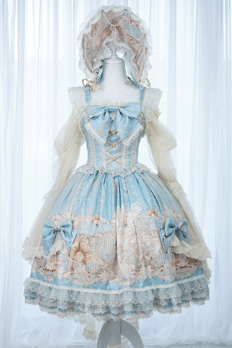 Blue Unicorn Print Sleeveless Multi-Layered Embroidery Bowknot Lace Sweet (Dress Only) detail view 3
