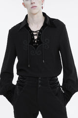 Black Embroidered Chest With Drawstring Strappy Puff Sleeved Men's Gothic Shirt - Black - 1
