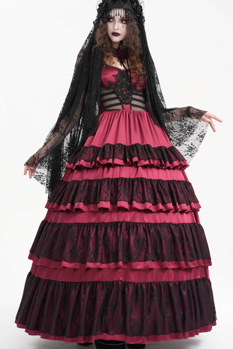 Red Multi-Layered Ruffle Lace-Up Mesh Women's Gothic Dress - Product - 7