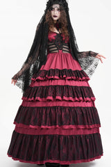 Red Multi-Layered Ruffle Lace-Up Mesh Women's Gothic Dress - Product - 7