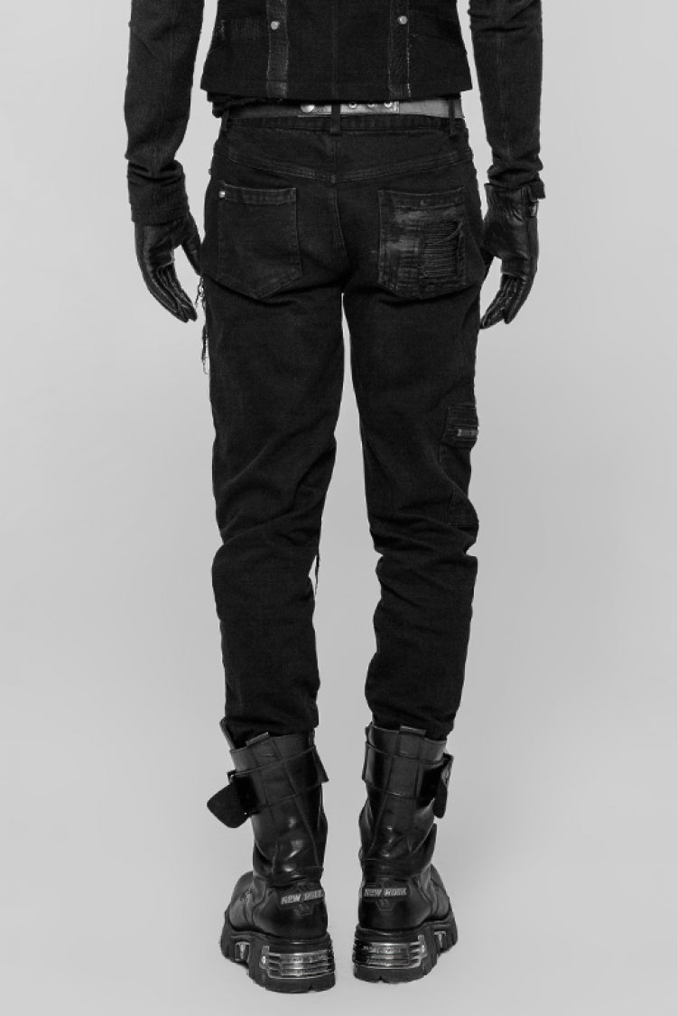 Black Hand-Painted Crafts Stitching Ripped Men's Steampunk Jeans Pants - Product - 3