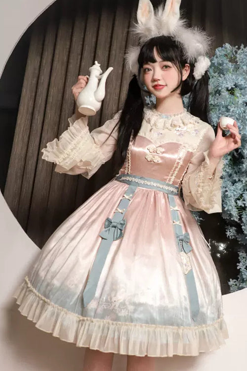 Pink Round Collar Trumpet Sleeves Rabbit Embroidery Print High Waisted Sweet Lolita OP Dress - Product - 2