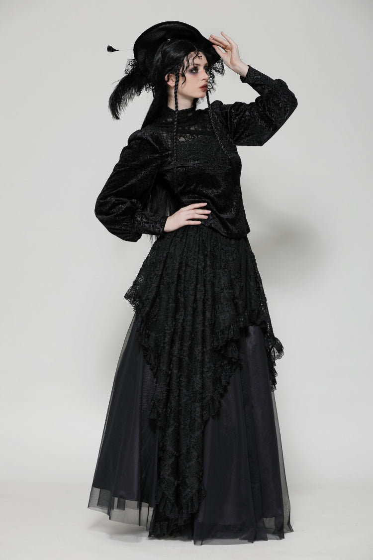 Black Ruffled Turtleneck Bishop Long Sleeves Floral Lace Patchwork Velvet Women's Gothic Blouse - Product - 8