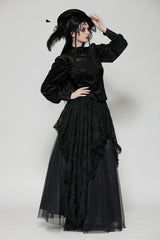 Black Ruffled Turtleneck Bishop Long Sleeves Floral Lace Patchwork Velvet Women's Gothic Blouse - Product - 8