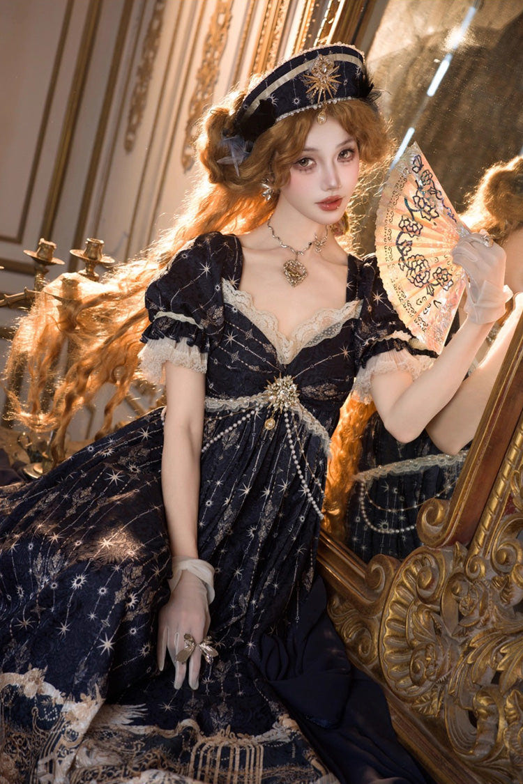 Blue [Unicorn] V Collar Short Sleeves Empire Motif Print Embroidery Bowknot Lace Sweet Elegant Lolita Dress - Product - 11