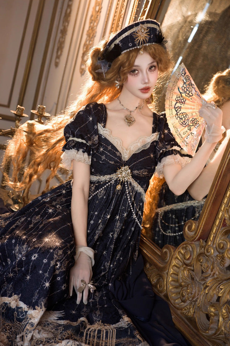 Blue [Unicorn] V Collar Short Sleeves Empire Motif Print Embroidery Bowknot Lace Sweet Elegant Lolita Dress - Product - 11