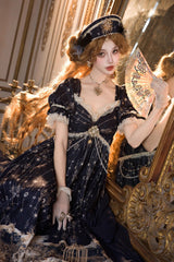 Blue [Unicorn] V Collar Short Sleeves Empire Motif Print Embroidery Bowknot Lace Sweet Elegant Lolita Dress - Product - 11